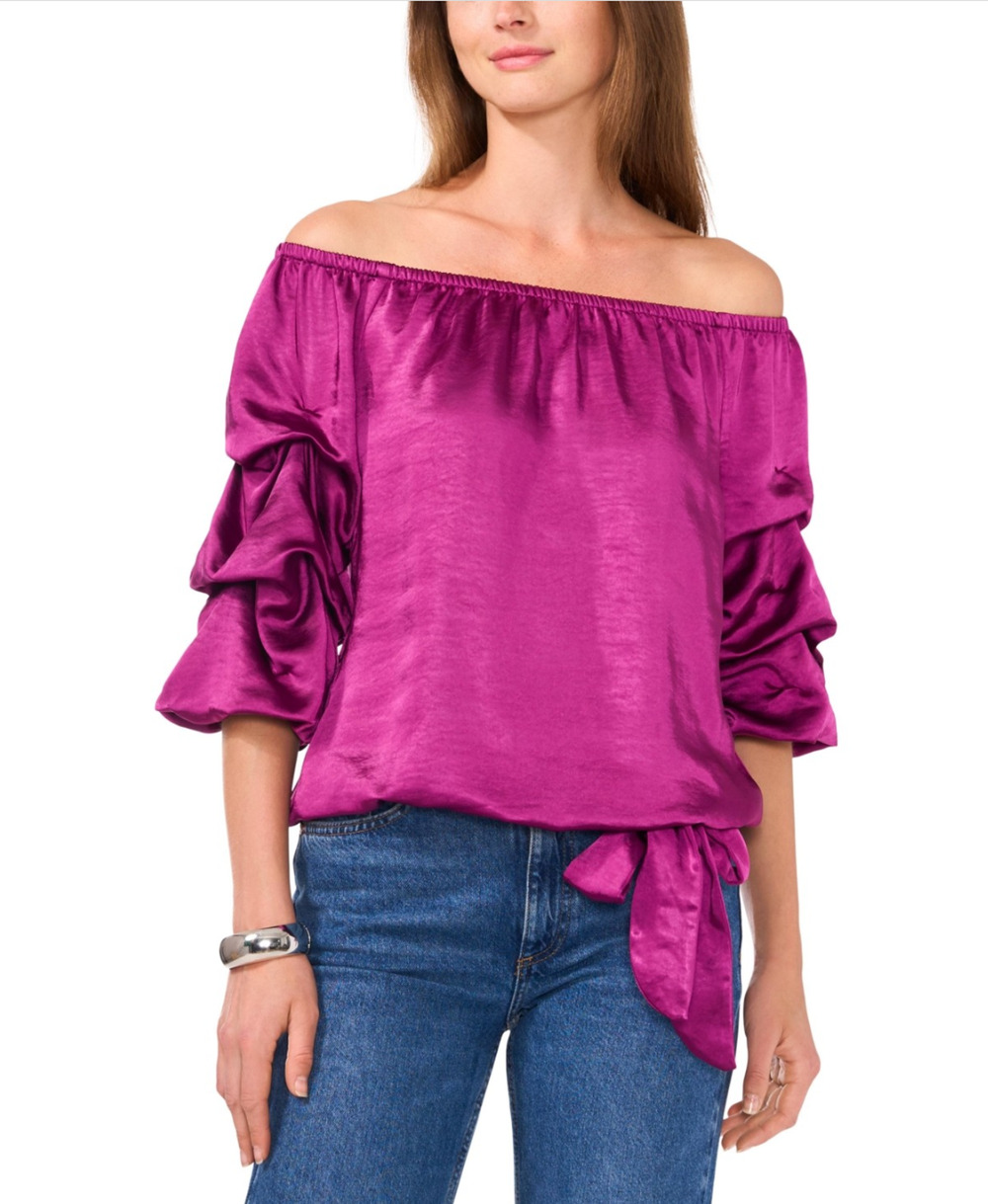Vince Camuto Women Off the Shoulder Tie Front Blouse Wild Raspberry Size XL